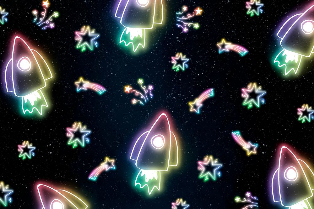 Neon rocket star doodle pattern background psd