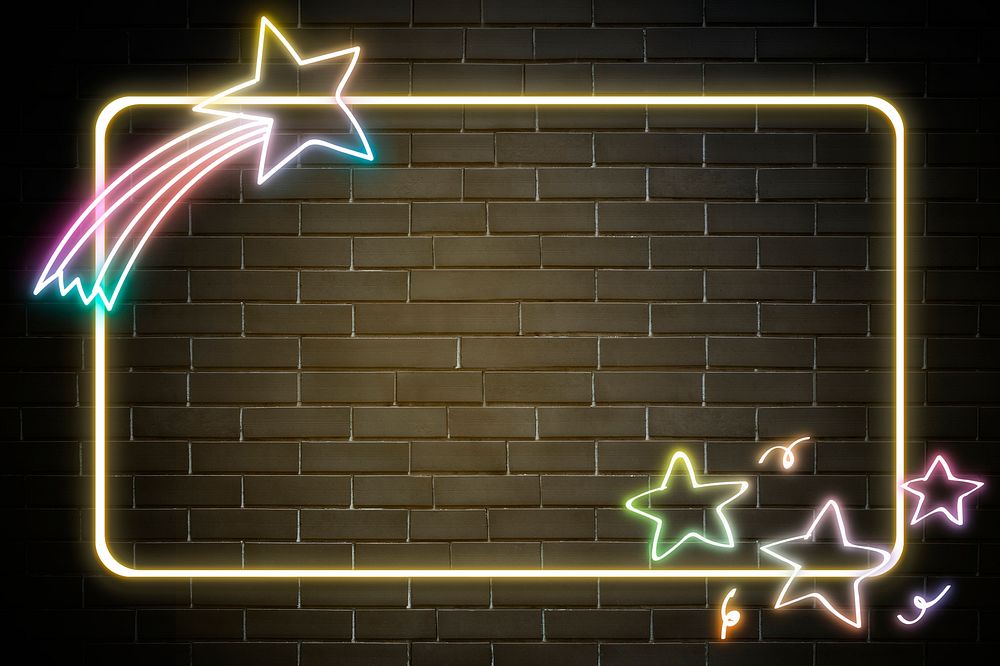 Neon frame rainbow star psd doodle