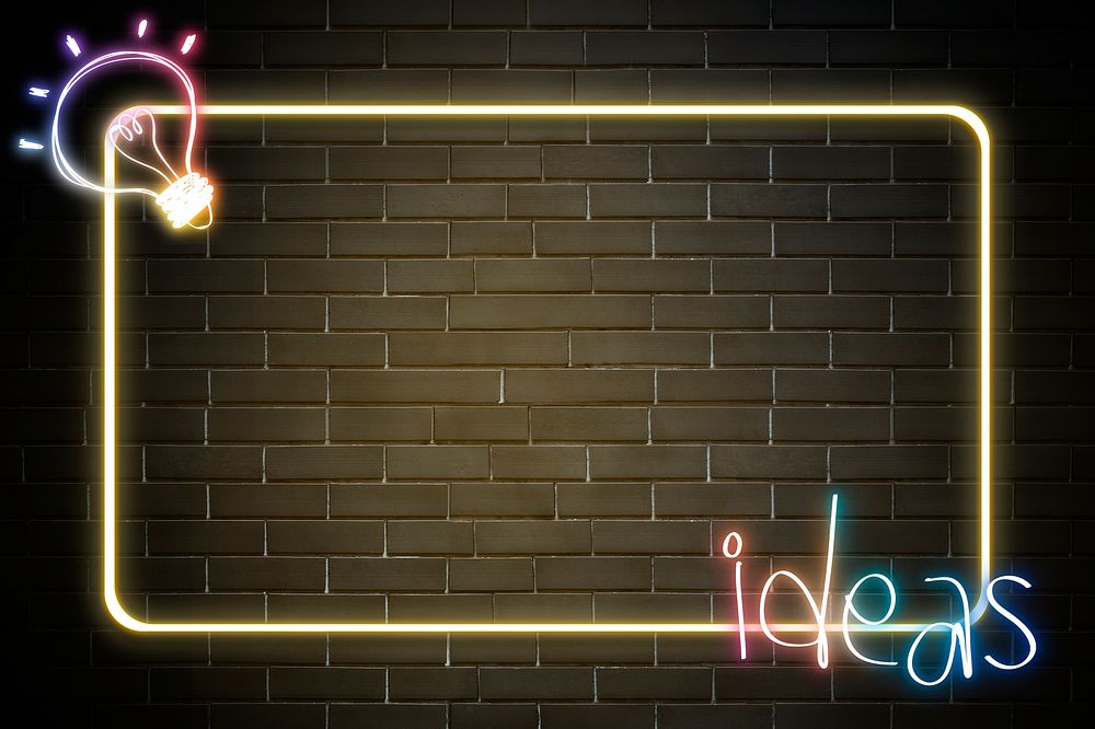 Neon frame rainbow light bulb ideas word doodle