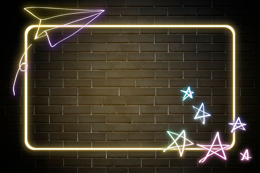 Neon frame rainbow star paper plane doodle
