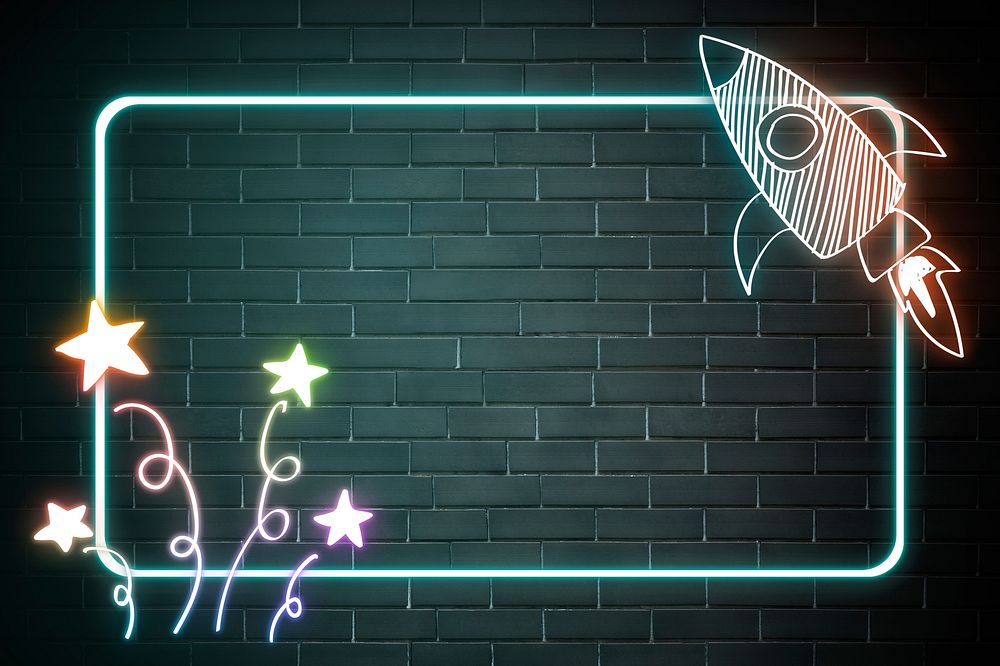 Neon frame rainbow rocket star back to school doodle