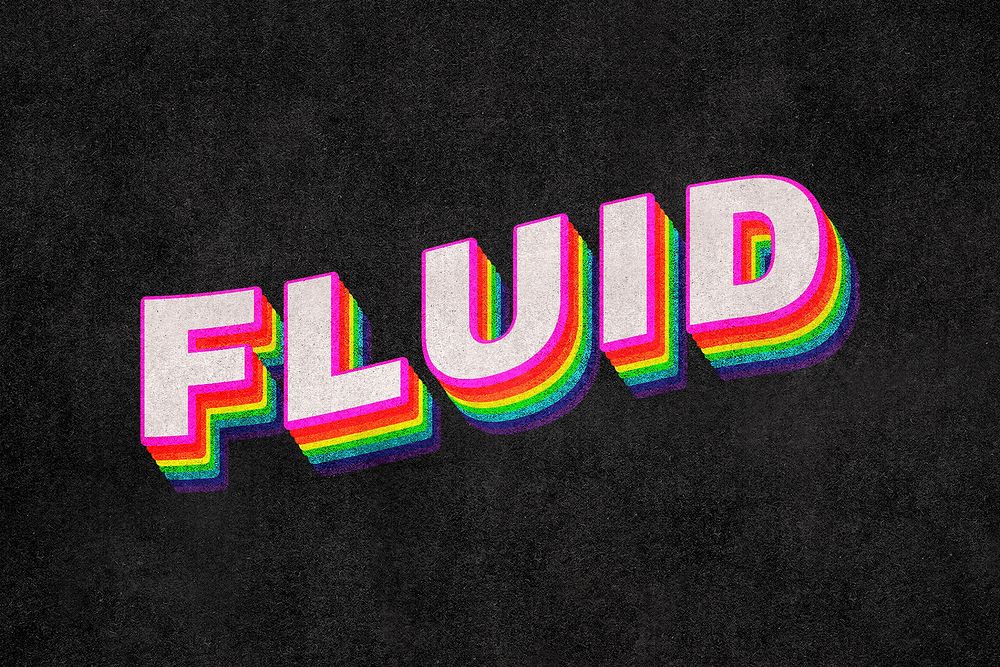FLUID rainbow word typography on black background