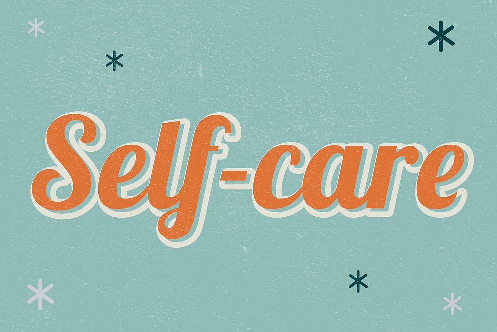 Self-care retro word typography on a green background