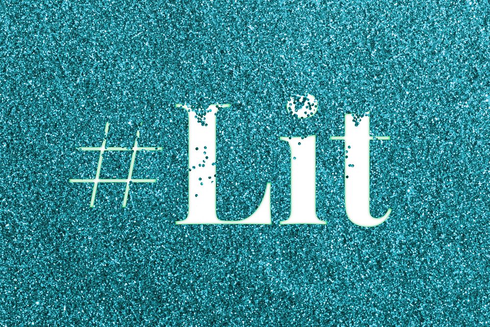 Teal glitter hashtag lit text typography festive effect