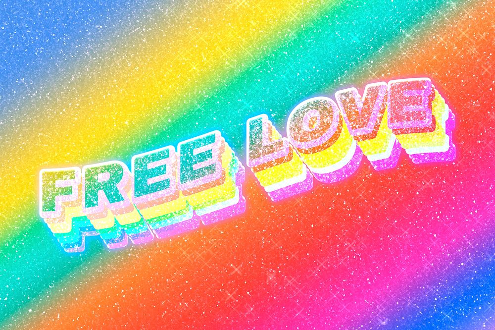 Free love word 3d vintage typography rainbow gradient texture