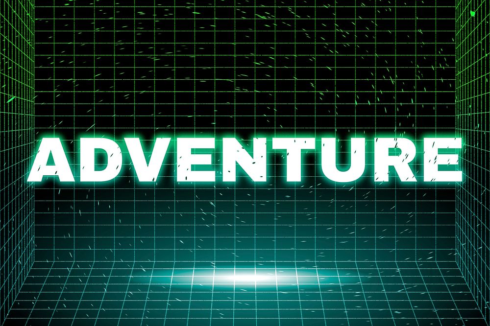 Geometric neon grid room adventure text bold font