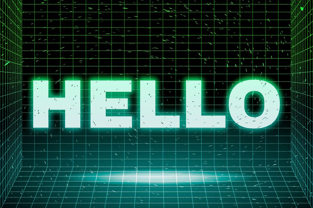 Synthwave futuristic hello word grid typography