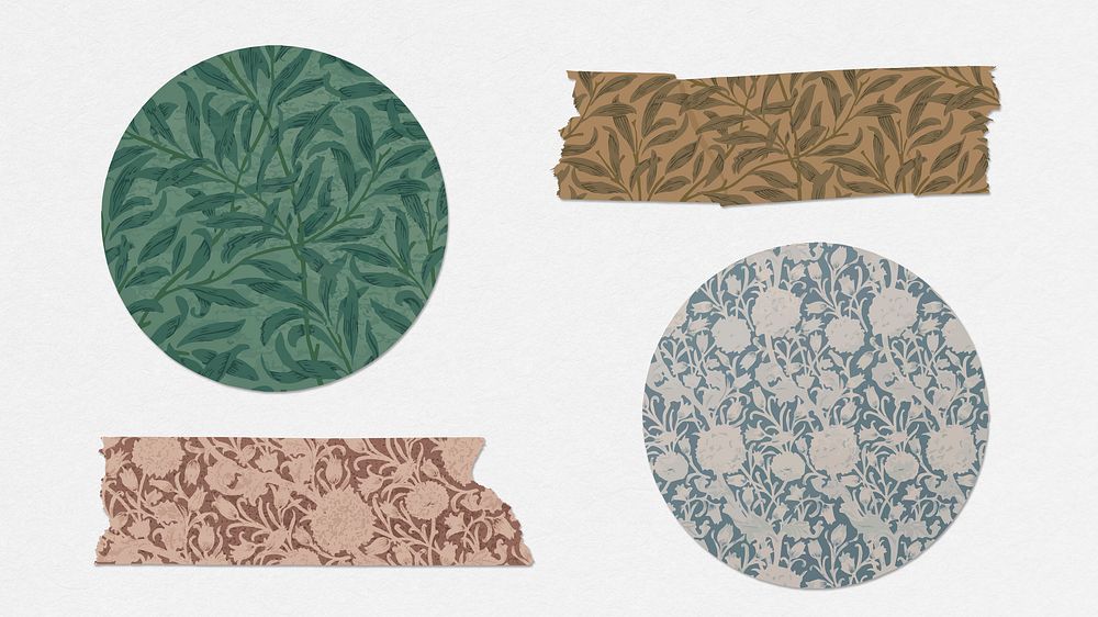Floral washi tape psd and round sticker set remix from artwork by William Morris