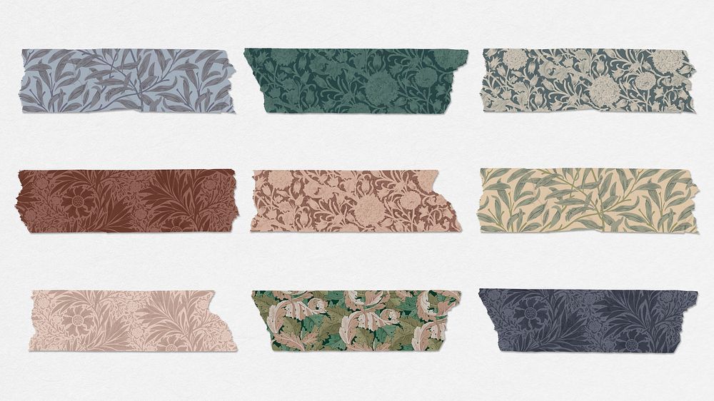 Leafy washi tape psd journal sticker set remix from artwork by William Morris