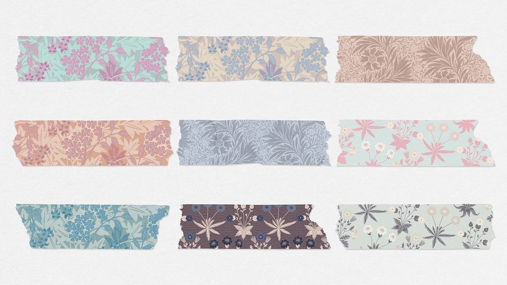 Washi tape vector leafy journal sticker set remix from artwork by William Morris