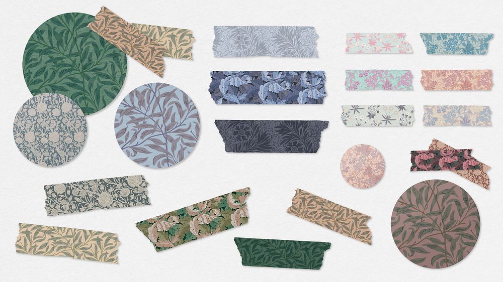 William Morris washi tape vector set with round stickers
