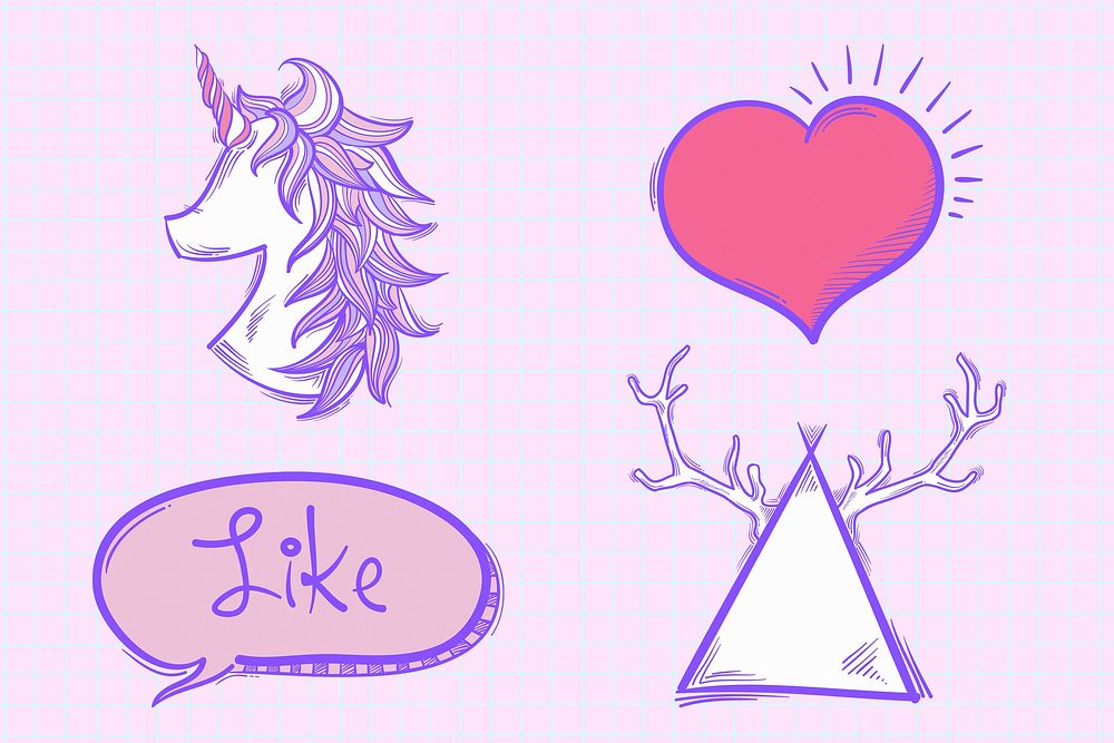 Funky unicorn hand drawn doodle cartoon illustration set