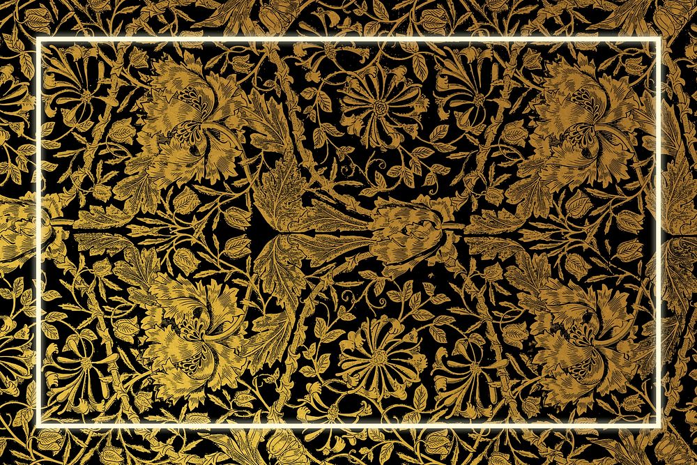 Golden botanical pattern frame vector remix from artwork by William Morris