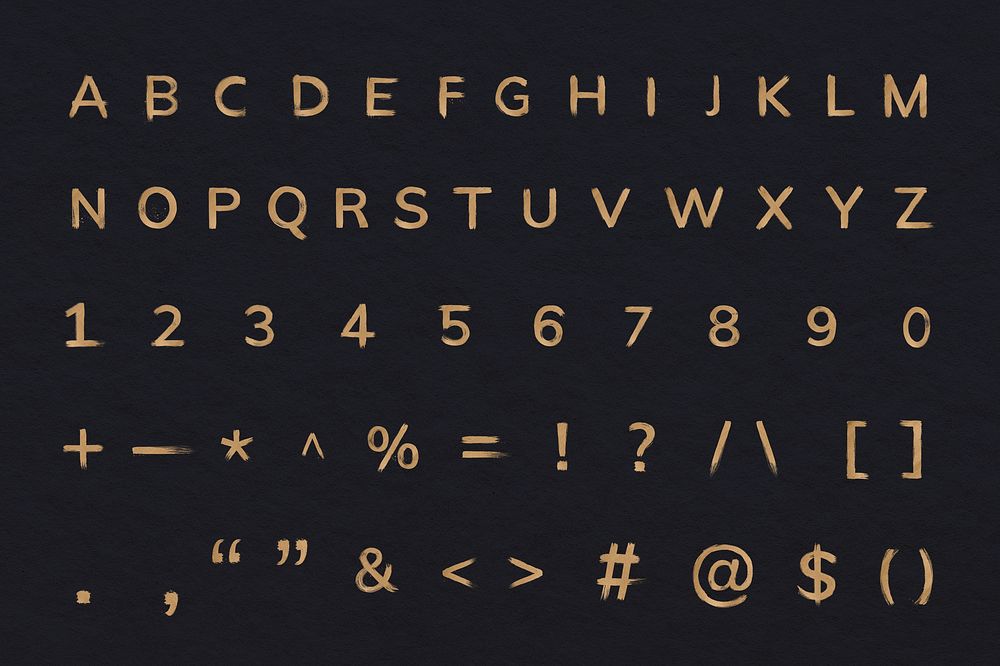 Brushed psd gold alphabet set typeface letter number symbol
