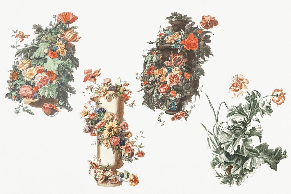 Flower bouquet in vase psd vintage illustration set