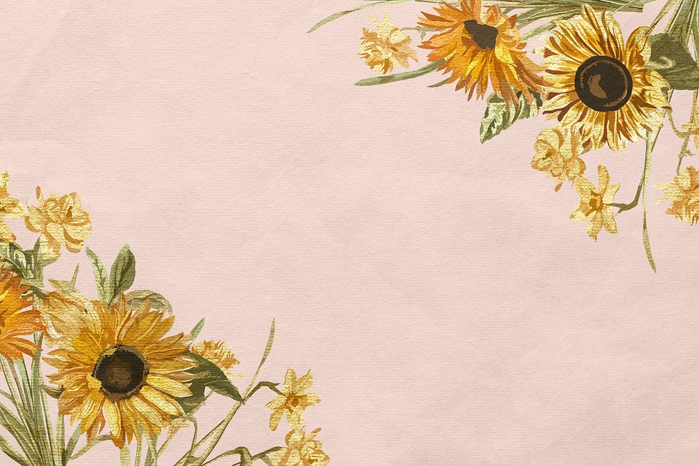 Floral pink border with watercolor hand painted sunflower