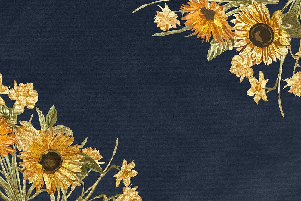 Floral navy blue border with watercolor hand painted sunflower
