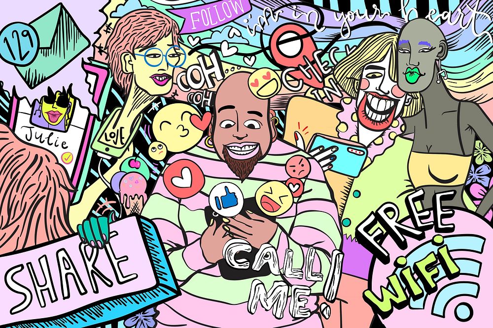 Colorful social media doodle illustration LGBTQ pride month campaign