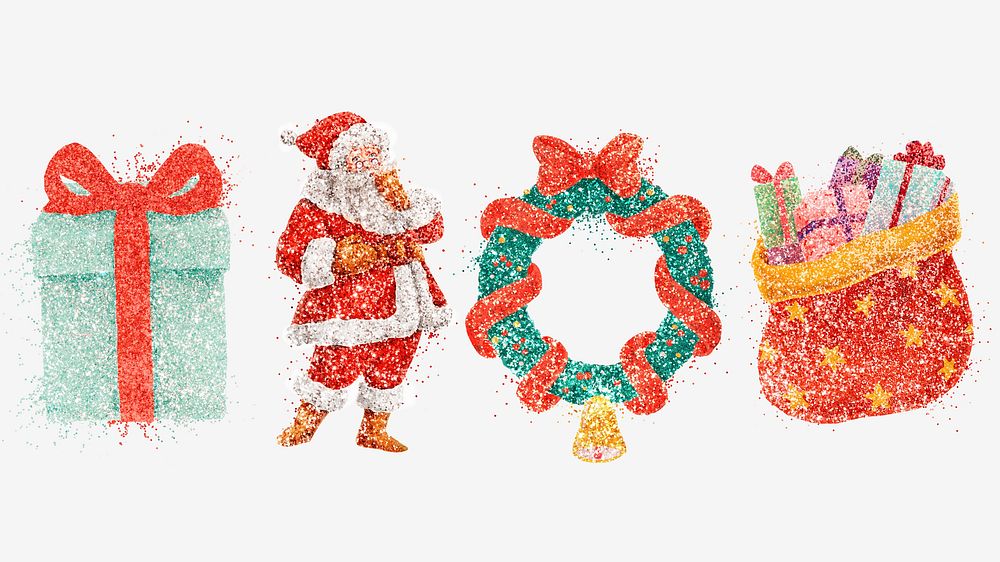 Colorful glitter drawing Christmas illustration set