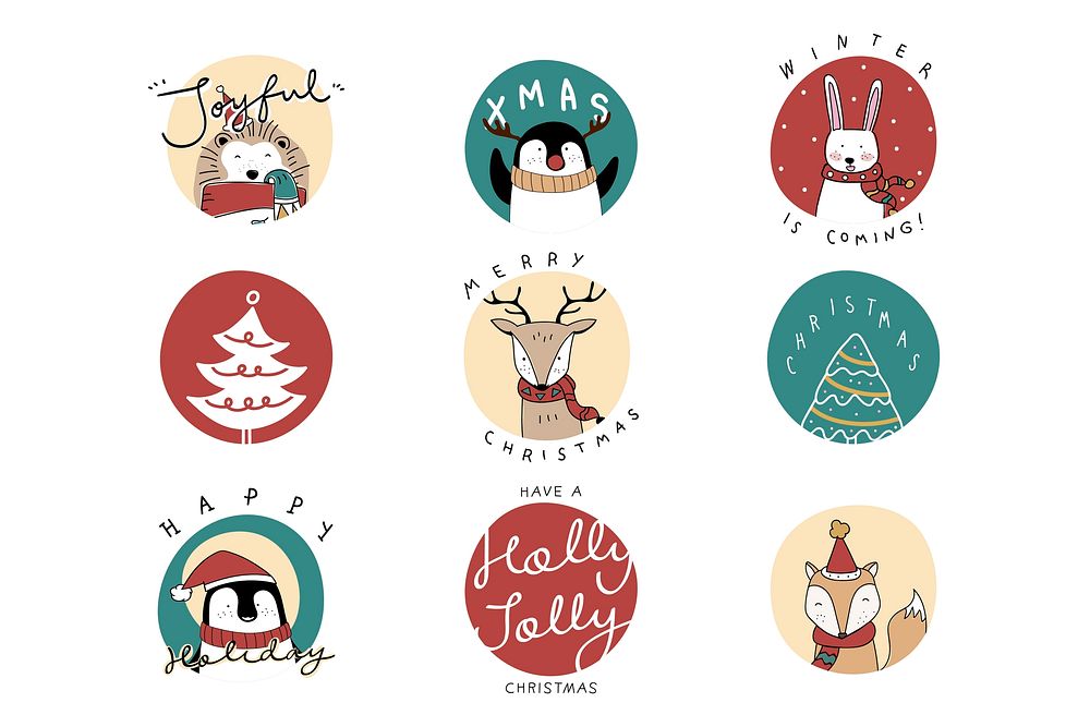 Christmas celebration festive doodle badges set
