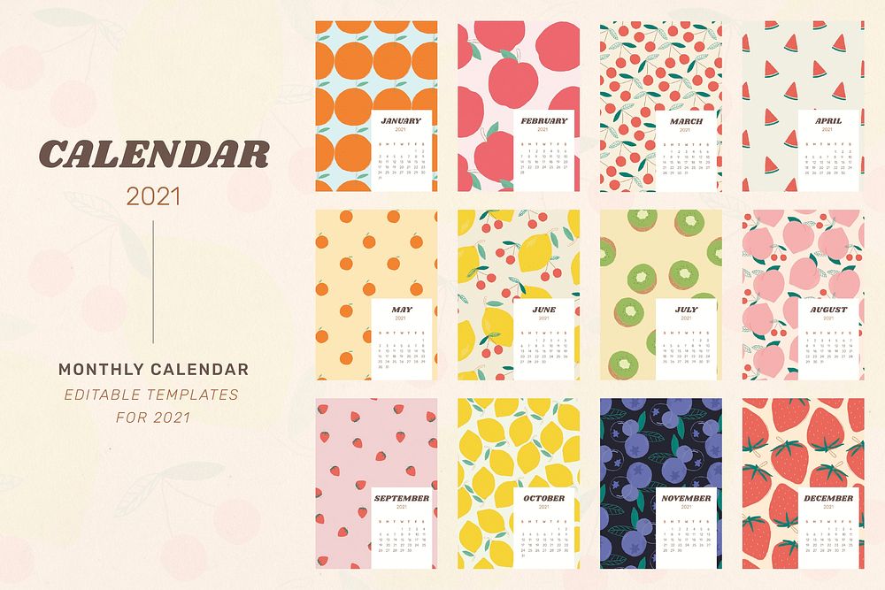 Calendar 2021 printable vector template with cute fruit background set