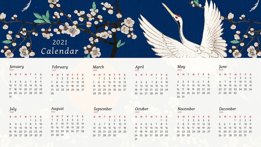 Yearly 2021 calendar printable vector with Japanese crane and sakura artwork remix from original print by Watanabe Seitei