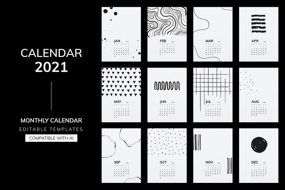 Calendar 2021 yearly editable template vector with black line pattern set