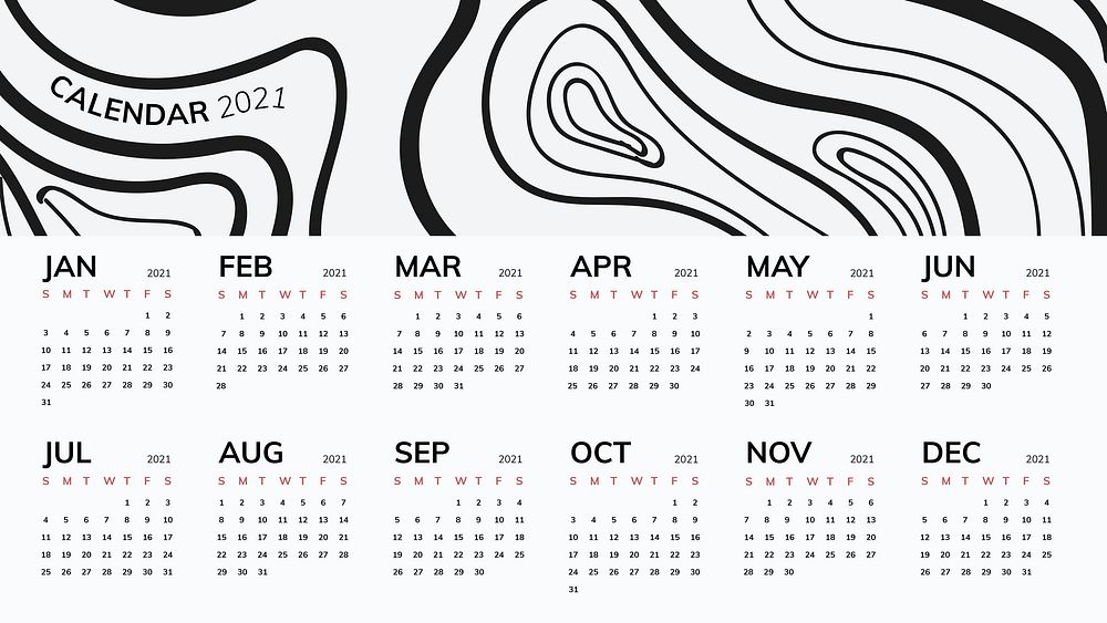 Calendar year 2021 printable with black line pattern 
