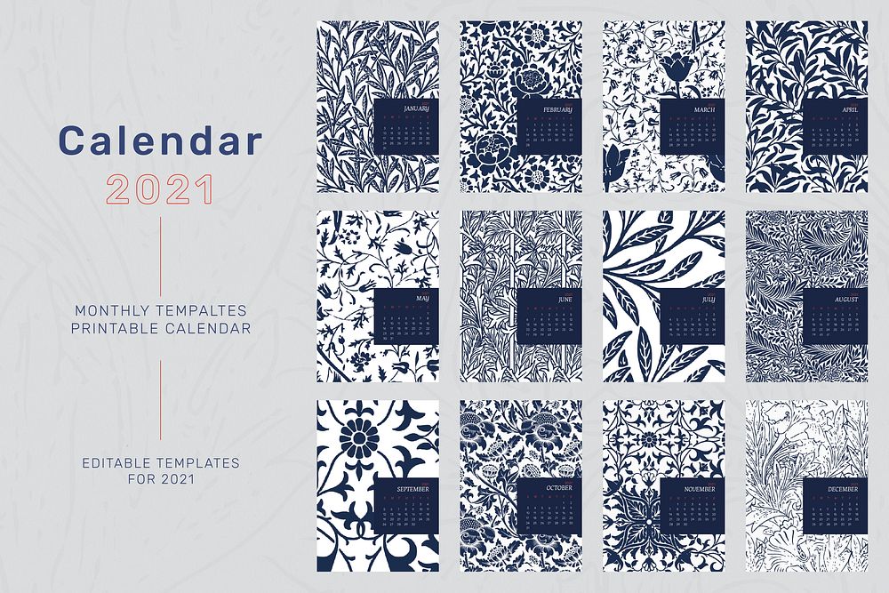 Calendar 2021 yearly editable template vector set with William Morris floral patterns