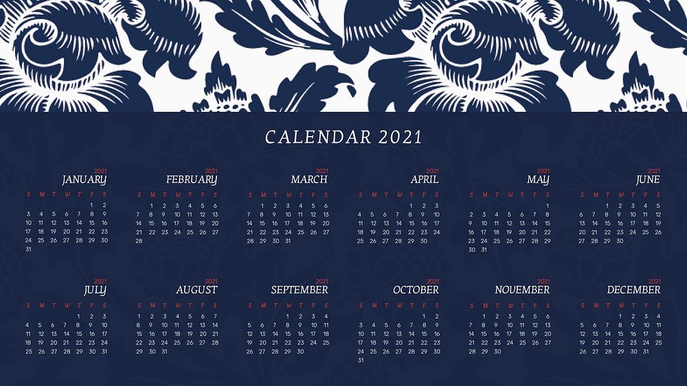 Calendar 2021 editable template psd with William Morris floral pattern