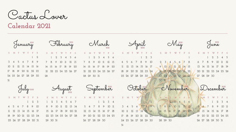 Calendar 2021 editable template vector with cute hand-drawn cactus 