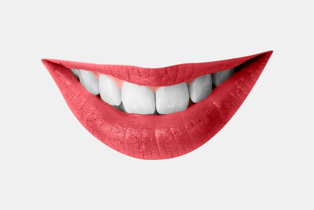 Smiling red lips psd with teeth closeup on gray background