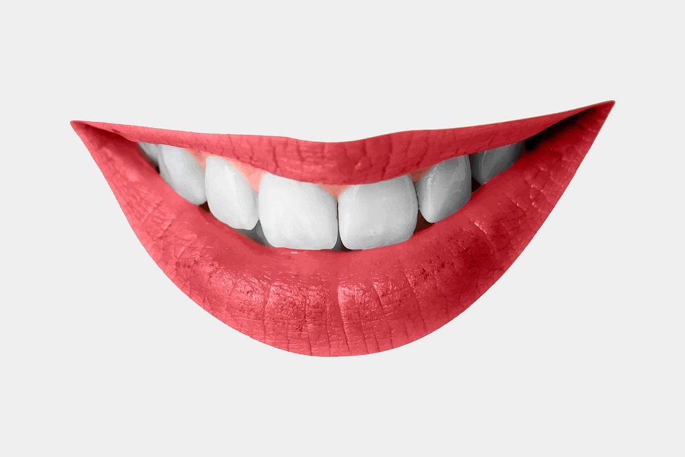 Smiling red lips vector with teeth closeup on gray background