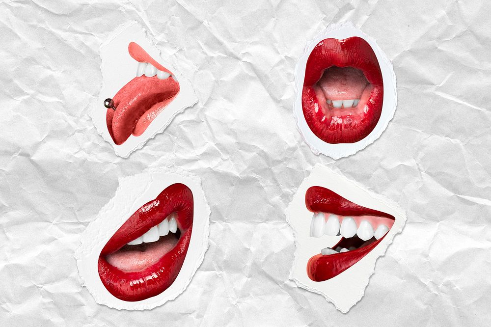 Red lips playful expression psd stickers set for Valentine's day