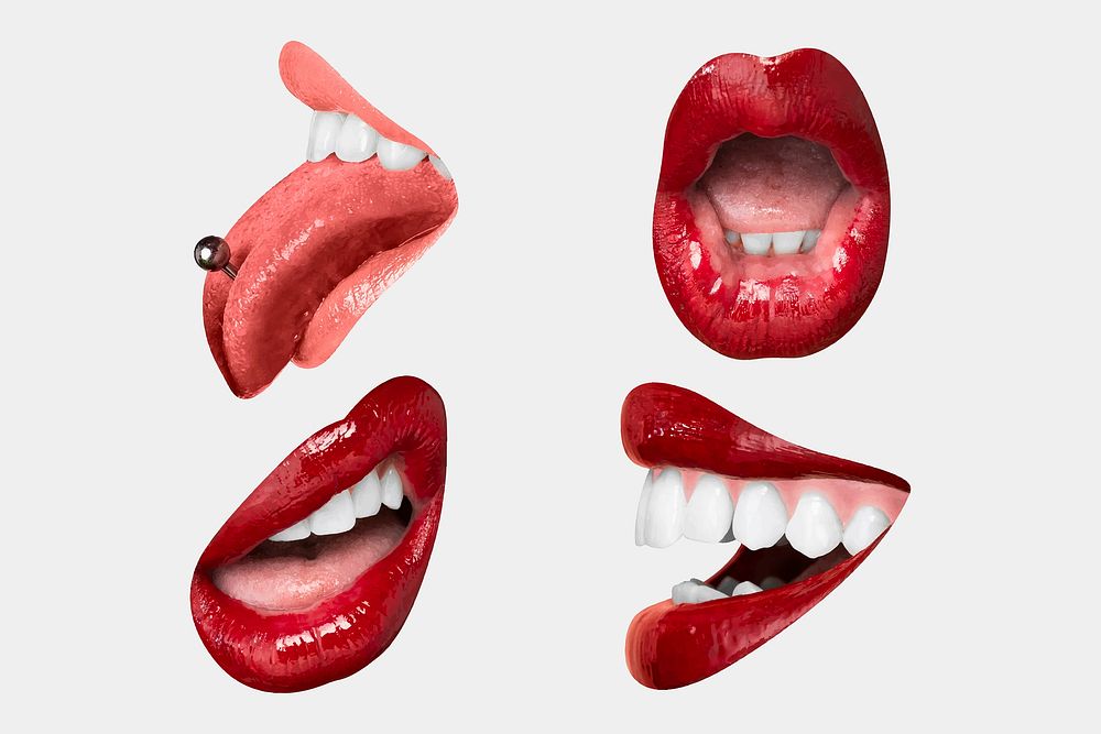 Red lips playful expression vector stickers set for Valentine's day