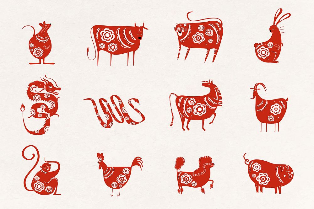 Chinese animals zodiac sign red colored collection