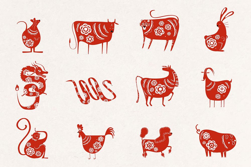 Chinese animals zodiac sign psd red colored collection
