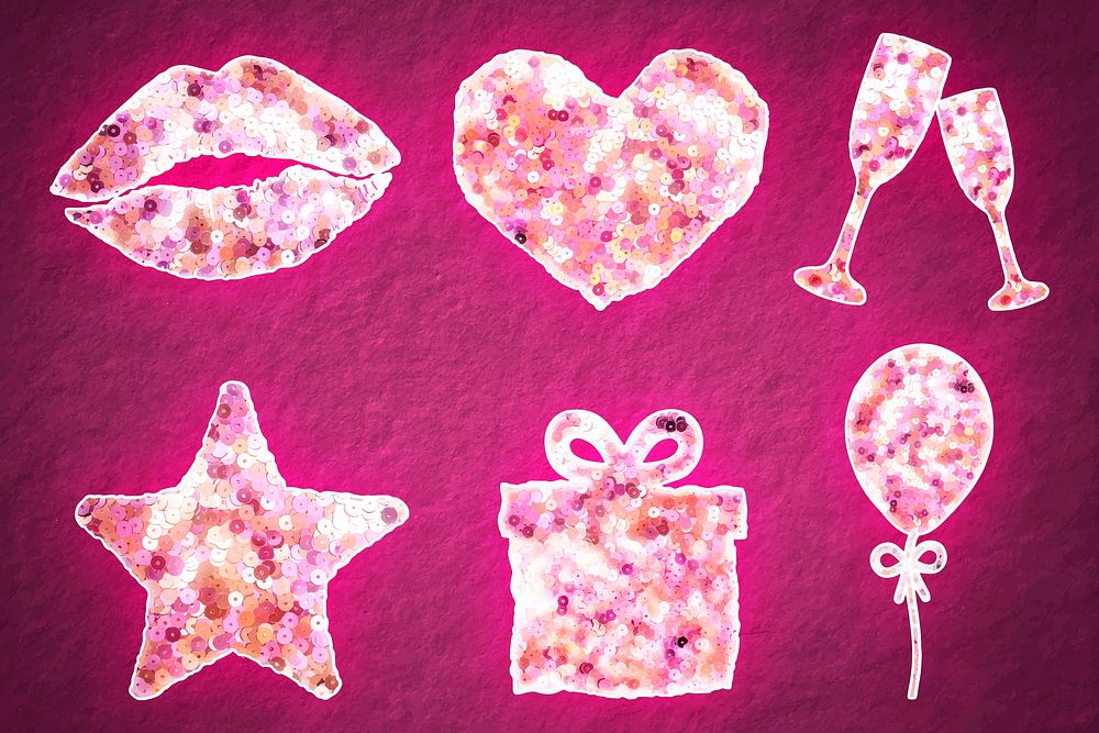 Glittery pink sequin valentine&rsquo;s sticker vector set