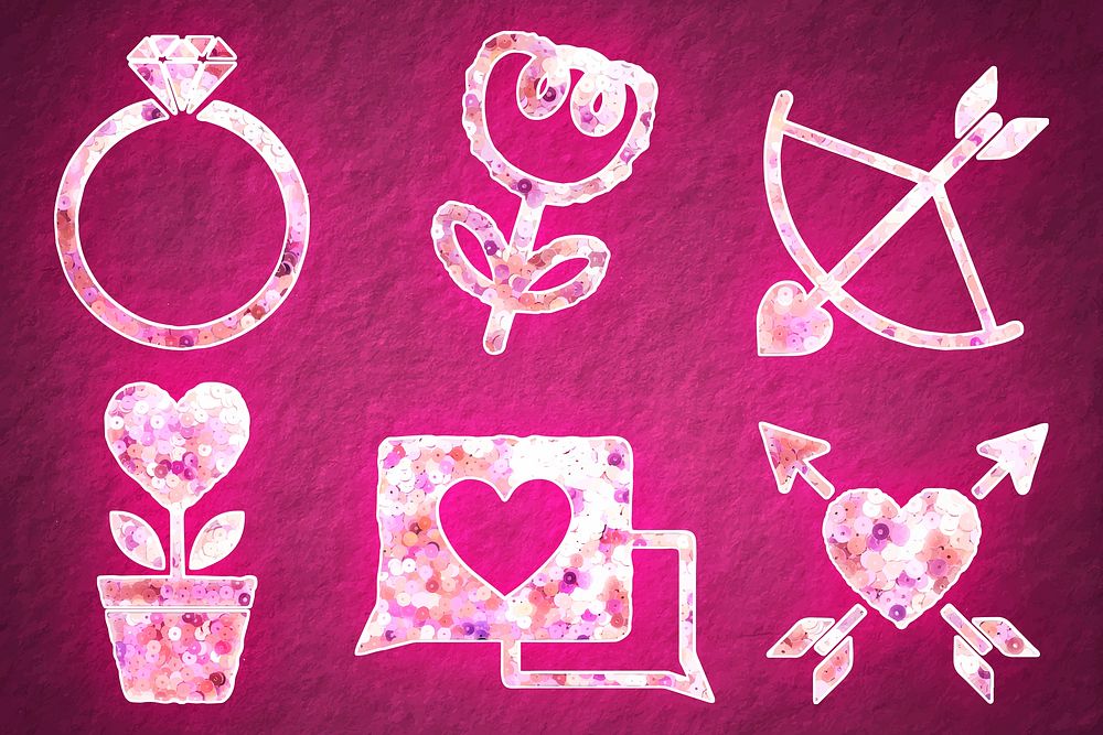Glittery pink sequin valentine&rsquo;s sticker vector set