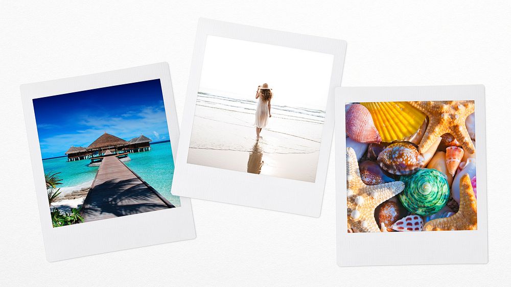 Summer travel instant photos, vacation mood board 