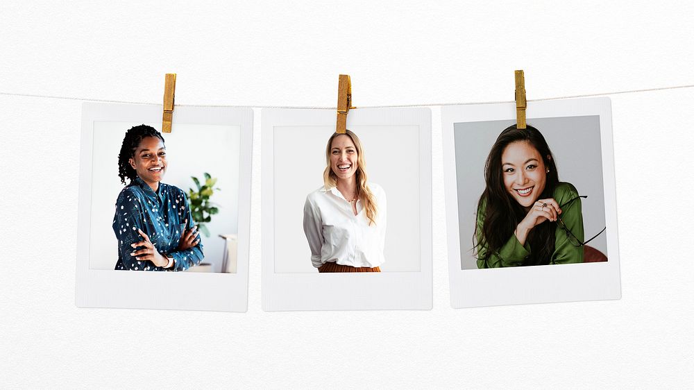 Diverse businesswomen instant photos, women empowerment 