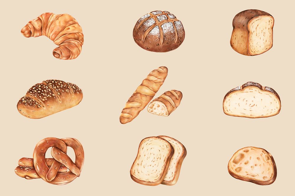 Fresh bread psd hand-drawn set
