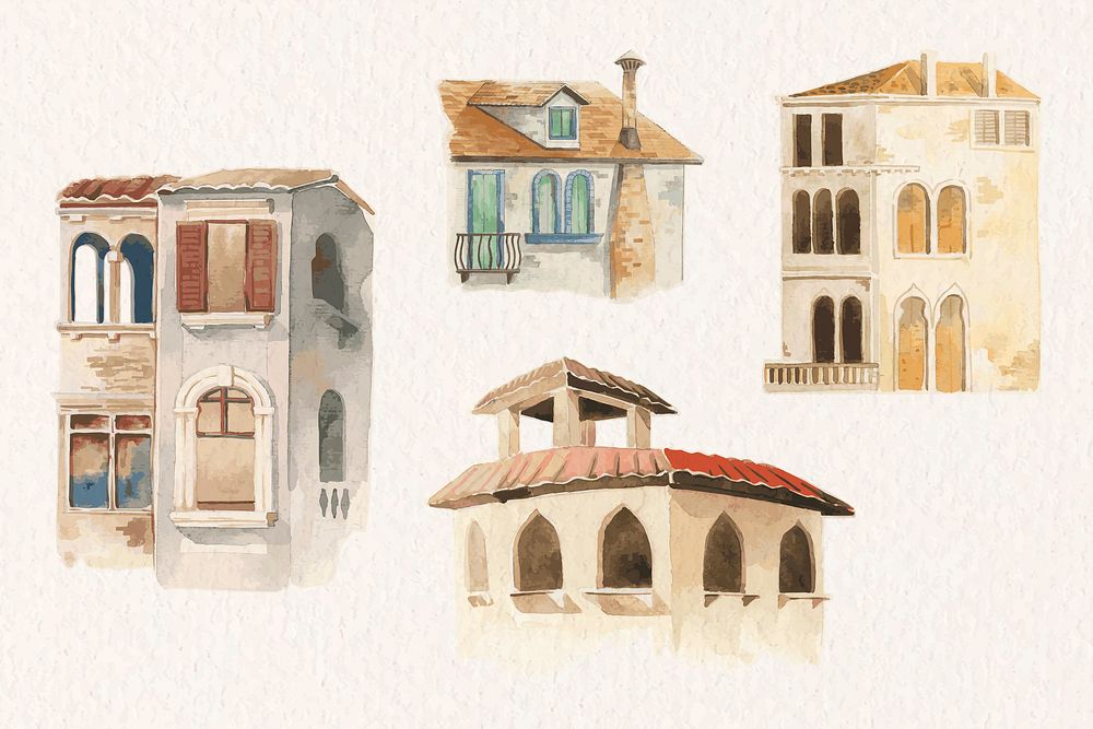 Vintage European building watercolor architecture set