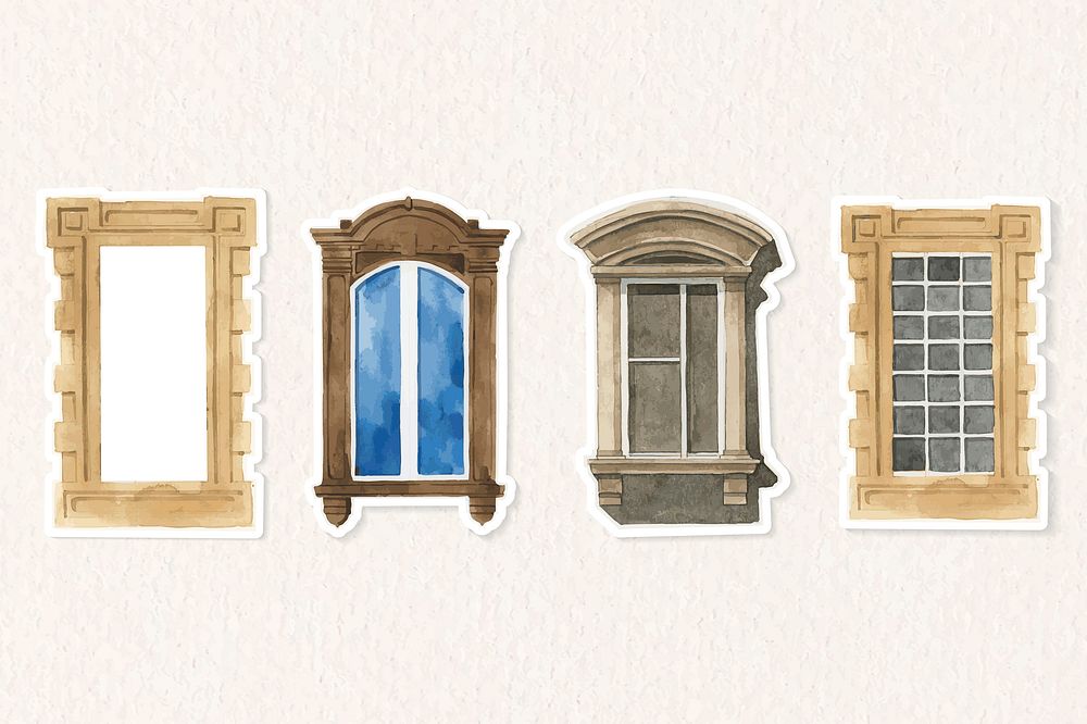 Vintage window architectural set watercolor clipart