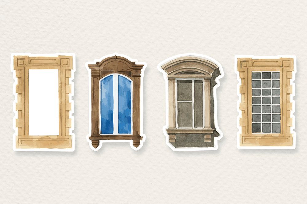 Vintage window architecture watercolor psd illustration collection