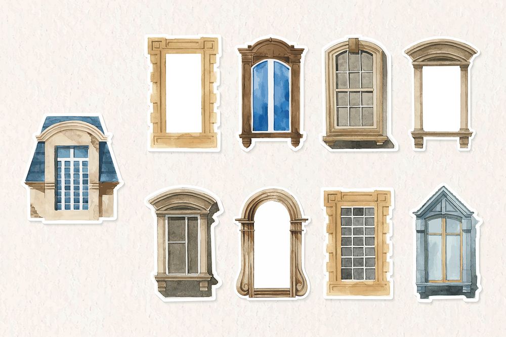 Old window architecture vector set watercolor illustration