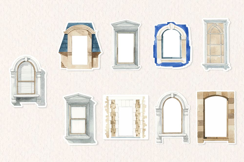 Vintage window architecture watercolor illustration collection