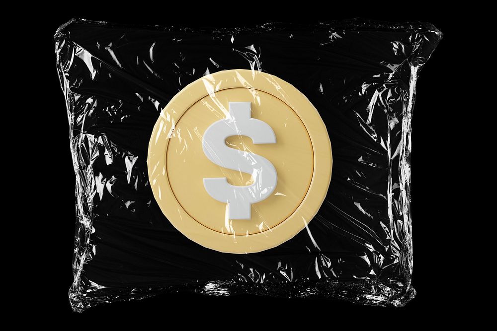 Dollar sign coin in plastic bag, currency exchange creative concept art