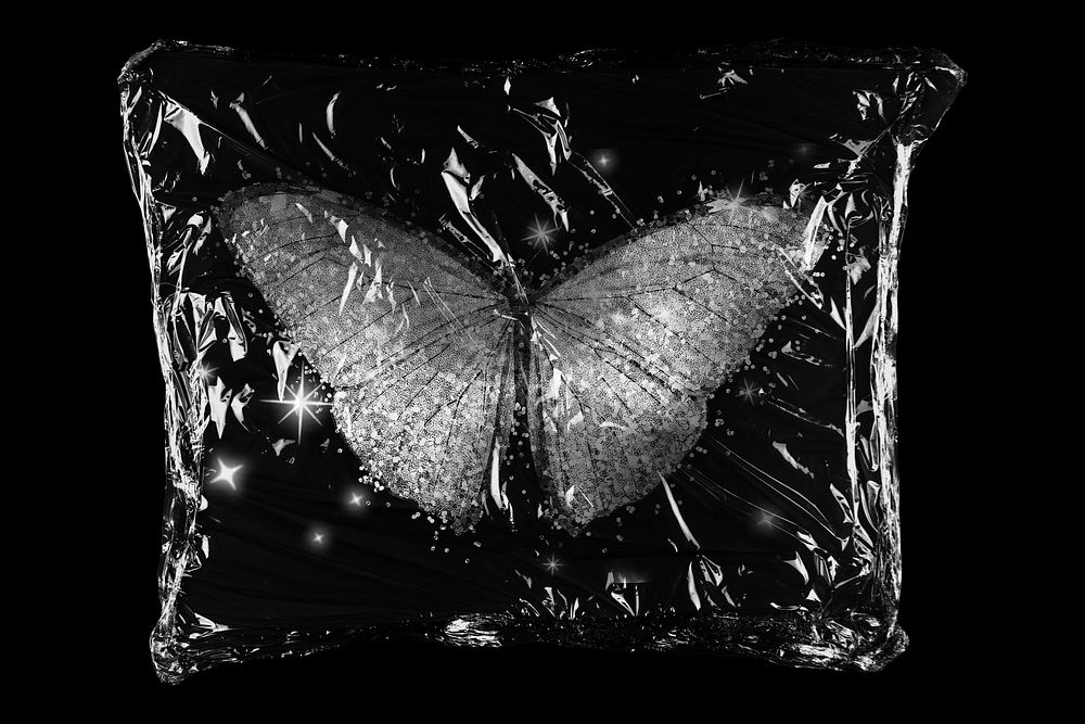 Silver glitter butterfly in plastic bag, spirit animal creative concept art