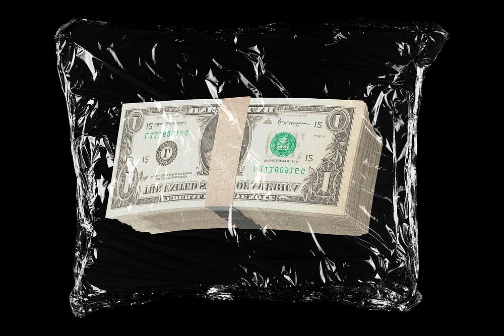 Dollar bills strap in plastic bag, finance, currency exchange creative concept art